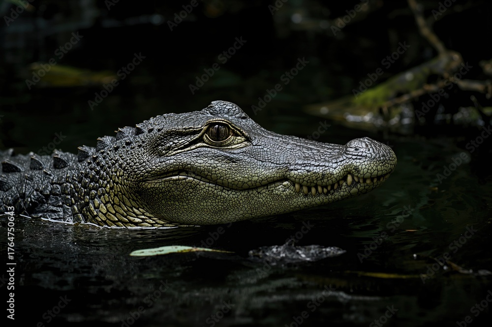 Fototapeta premium Southeast Asian freshwater crocodile in natural habitat with green and black skin close-up
