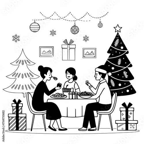 Elegant Monochrome Vector: Family Christmas Dinner Line Art