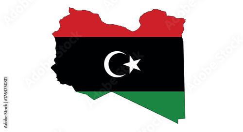 Libya map silhouette with national flag colors and emblem
