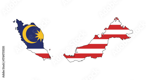Photography Malaysia map outline with national flag colors: peninsular and east malaysia des