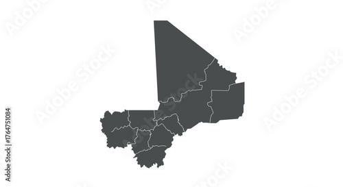 Gray silhouette map of mali with region borders