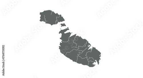 Detailed silhouette map of malta with region borders on white background