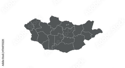 Mongolia map silhouette with detailed provincial borders on white background