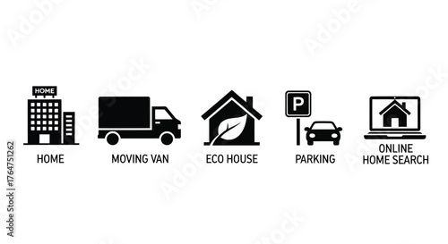 Vector illustration of collection of real estate and moving icons, featuring home building, moving van, eco house, parking sign, and online home search on laptop