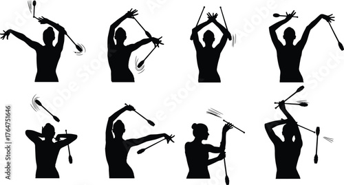 black vector dancers, creative kitchen tool poses, motion design icons, artistic movement illustration, choreography concept, cad drawing flat vector illustration