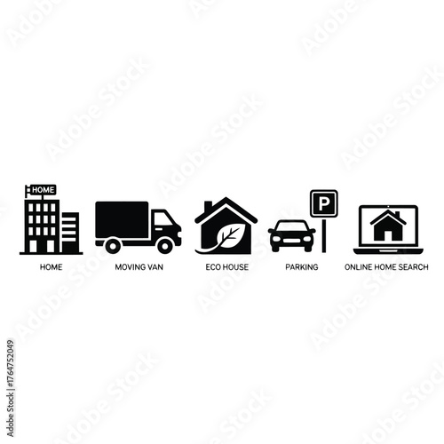 Vector illustration of set of 5 simple icons representing home, moving van, eco house, parking, and online home search