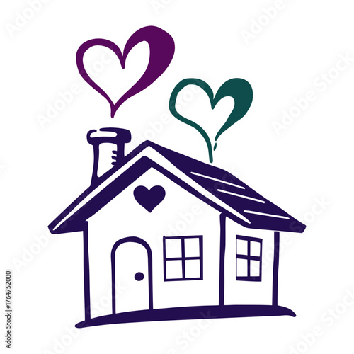 New Home Icon with Hearts, Love and Family Simple house icon with two hearts above the chimney symbolising a new home