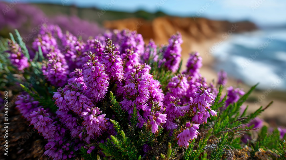 Obraz premium Cliff-top heath walk with purple heather in bloom, wind-swept cardigan, walking, heather, cliff, purple, bloom, coast, wind, nature, travel, romance, freedom, with copy space