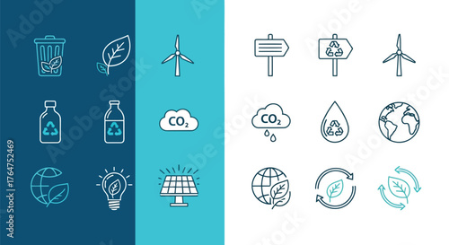 Vector illustration of collection of 12 line art icons related to ecology and environment, including recycling, wind turbine, solar panel, and earth