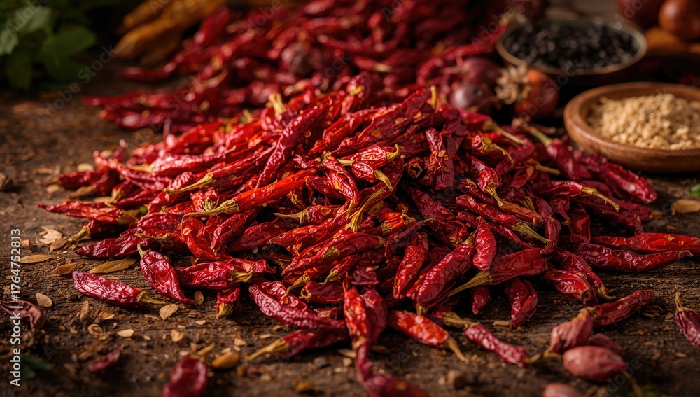 Fototapeta premium A heap of dried red chilies forming a vibrant culinary backdrop