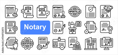 Notary icon set, with Notary, Legal document, Contract, Certificate, Signature, Verification, Legal. simple line vector.