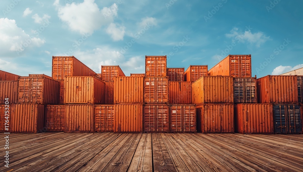 Fototapeta premium Sky and orange shipping containers with space for text