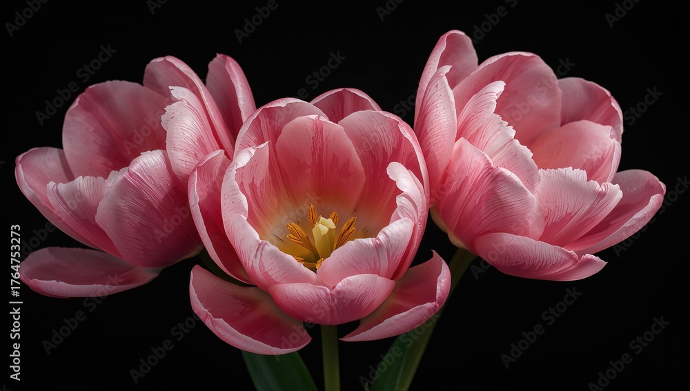 Fototapeta premium Large pink and white tulip blossoms against a black backdrop.