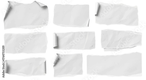 Realistic torn white paper pieces set with ripped edges, curled corners, isolated on transparent background