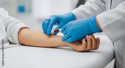 Medical professional in blue gloves performs blood sample collection from patient's arm for health analysis and diagnostics at a clinic