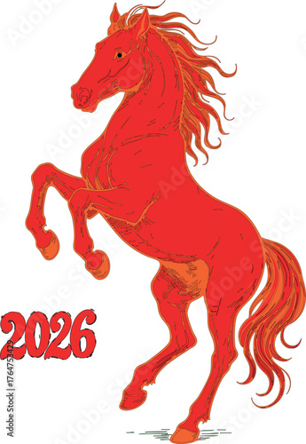 A fiery horse (with red and orange colors) reared up on a white background. The symbol of the year 2026. Vector