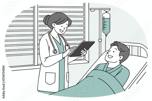 Vector art of a doctor is checking on a patient in a hospital room, holding a tablet and smiling