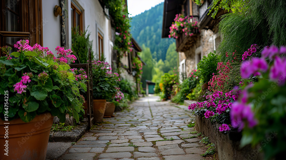 Naklejka premium Alpine village lane, geranium balconies, cobbles underfoot, bell chime, walking, village, alpine, cobblestone, travel, architecture, charm, Europe, tourism, slow travel, with copy 