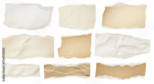 Realistic torn paper pieces set with white and brown ripped edges, vintage paper texture, curled corners, isolated on transparent background
