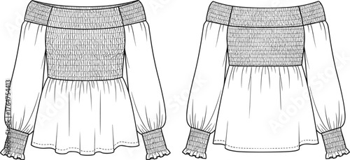 Off Shoulder Smocked Blouse Fashion Flat, Ruffled Cuffs, Voluminous Sleeves, Technical Garment Sketch, Women's Apparel Vector, Clothing Design Illustration