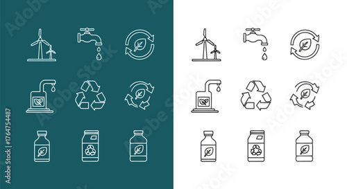Vector illustration of set of green energy and sustainability icons featuring wind turbines, water taps, recycling symbols, and bottles