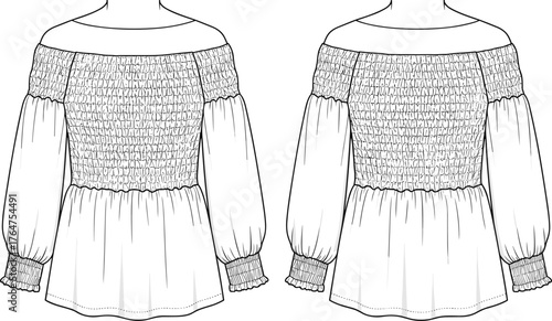 Off Shoulder Smocked Blouse Front Back View Fashion Flat Technical Sketch Vector Illustration for Women’s Apparel Design and Trend Analysis