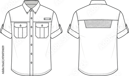 Technical fashion sketch of short sleeve button-up shirt with chest pockets, zipper detail, rolled sleeves, mesh back panel design.