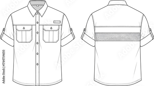 Technical flat sketch of short sleeve button-up shirt with chest pockets, collar, back yoke, camouflage panel, and sleeve tabs.