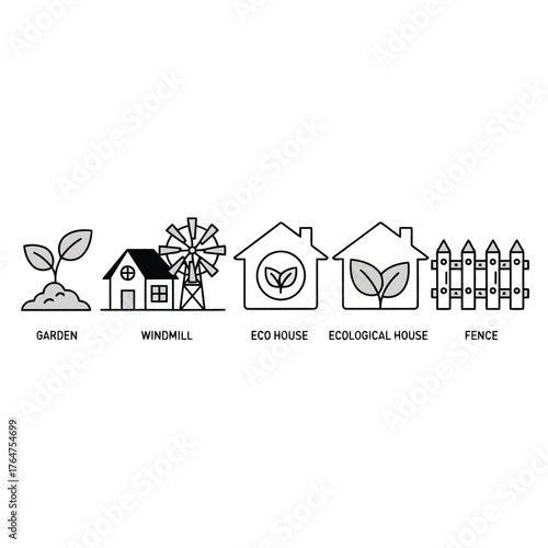 Vector illustration of collection of ecofriendly icons including a garden, windmill, eco house, ecological house, and fence