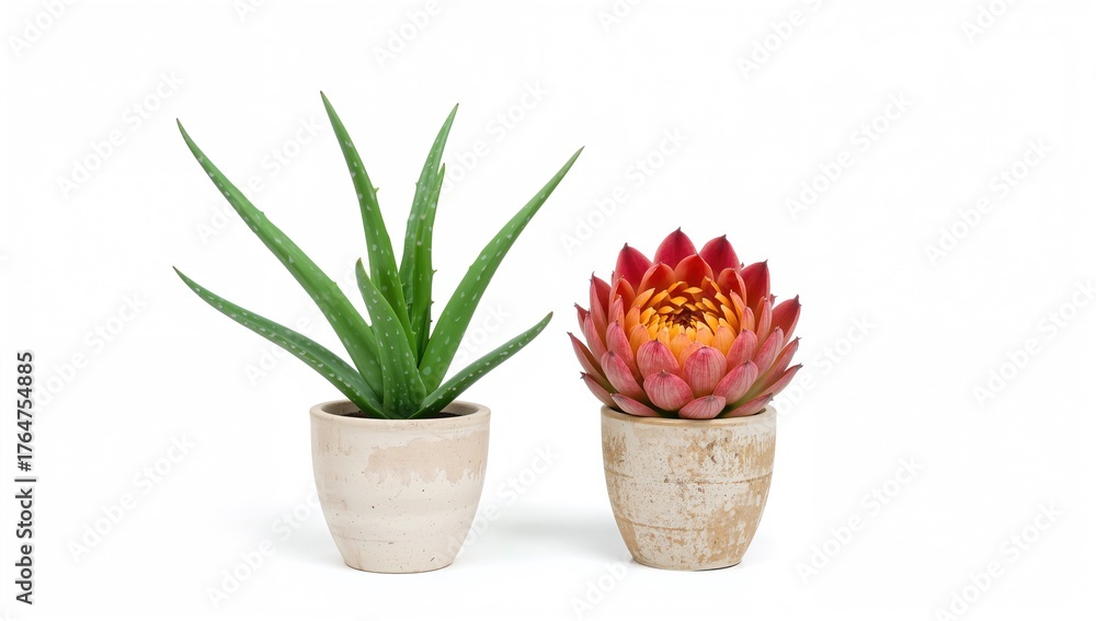 Obraz premium Potted aloe and flowering plant isolated on white background