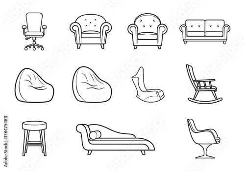Collection of diverse furniture illustrations in a sketched style