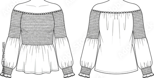 Women's off-shoulder blouse technical fashion sketch with smocked sleeves, elastic neckline, ruffle cuffs, front and back garment view illustration