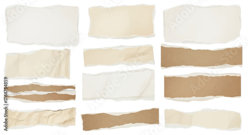 Realistic torn paper pieces set with white and brown ripped edges, vintage paper texture, curled corners, isolated on transparent background
