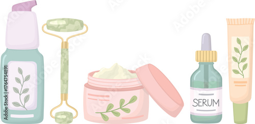 Set of skincare products isolated on white background. Face cream, cosmetic serum bottle, eye cream tube, green jade roller and facial cleansing.	