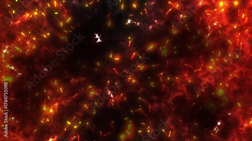 Abstract, bright, rapid fiery sparks. 4K video. Stunningly conveys the atmosphere of heat and expansion of fire. Motion design.
