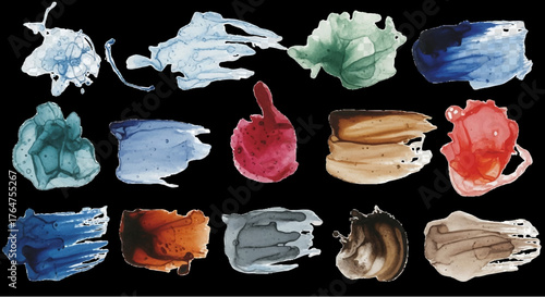 Realistic watercolor brush strokes set with colorful paint smears, acrylic texture splashes, ink smudges, isolated artistic strokes on transparent background