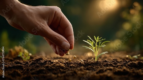 Gentle hand planting a tiny seedling in fertile soil with soft sunlight