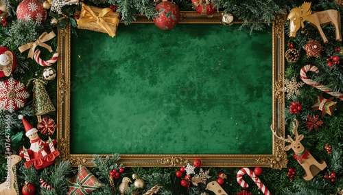 Old-fashioned holiday border with wooden painted toys and ornaments on a green surface from above