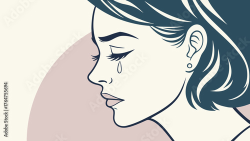 A pop art style illustration of a woman's face in profile, crying a single tear with a sad expression.