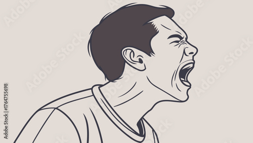 A close-up illustration of a man's head in profile, screaming with his mouth wide open and eyes squeezed shut.