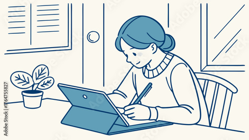 Woman working on a tablet at a desk with a plant and window.