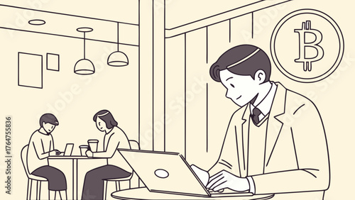 Young businessman working on a laptop in a cafe with a Bitcoin symbol representing cryptocurrency investment.