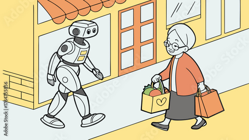 A friendly robot walks alongside an elderly woman carrying groceries on a sidewalk in front of a building.