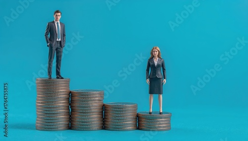 Economic disparity depicted by male and female silhouettes atop varying stacks of coins on a blue backdrop