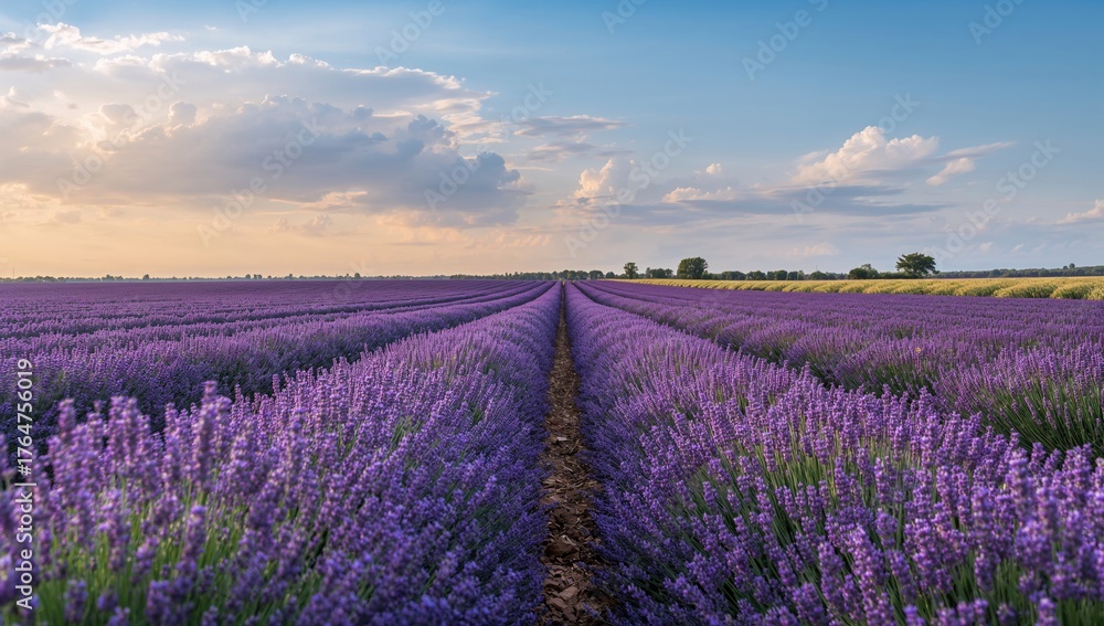 Naklejka premium Blooming lavender rows extending towards the horizon under a breathtaking sky.
