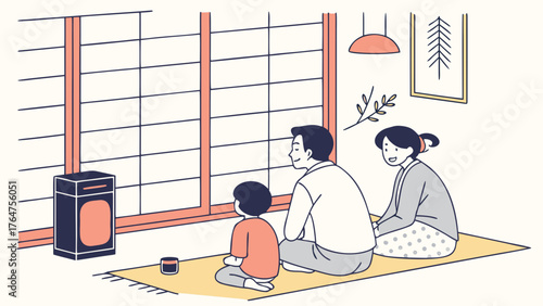 A family of three, including parents and a child, are sitting on a rug in front of a large window, looking at something outside.