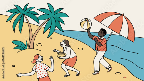 People playing with a beach ball under an umbrella on a sunny beach day.