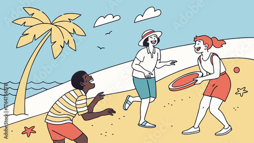 Three friends joyfully playing frisbee on a sunny beach with a palm tree and ocean in the background.