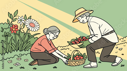 An elderly couple happily harvesting ripe red berries from a garden patch, with flowers blooming nearby.