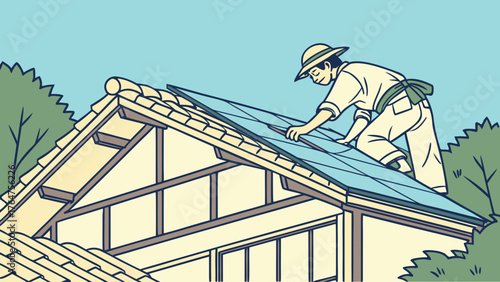 A person in a straw hat installs solar panels on the roof of a traditional Japanese house.